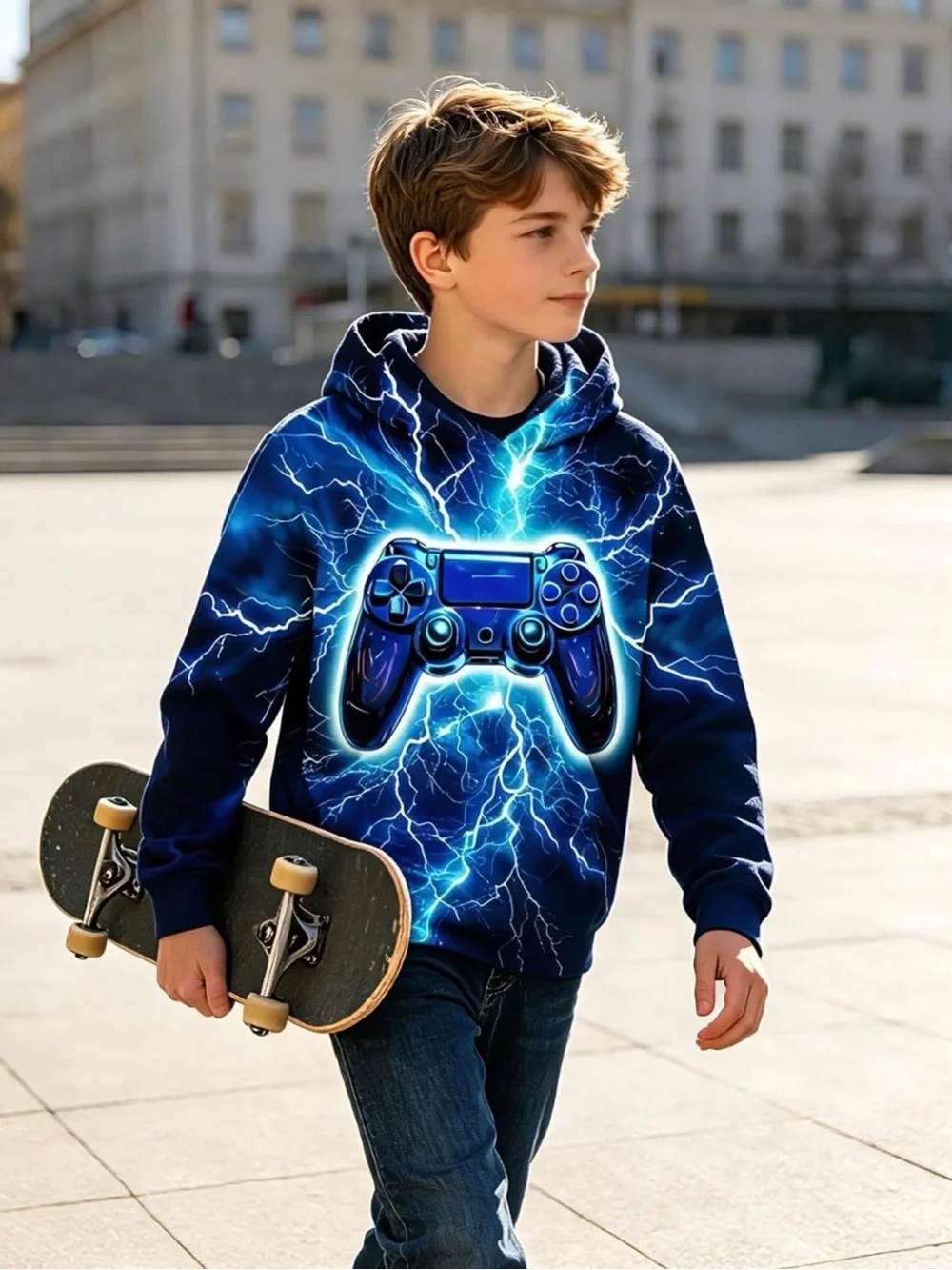 Blue Gamer Controller Hoodie for Kids - Electric Lightning Design size 14-16
